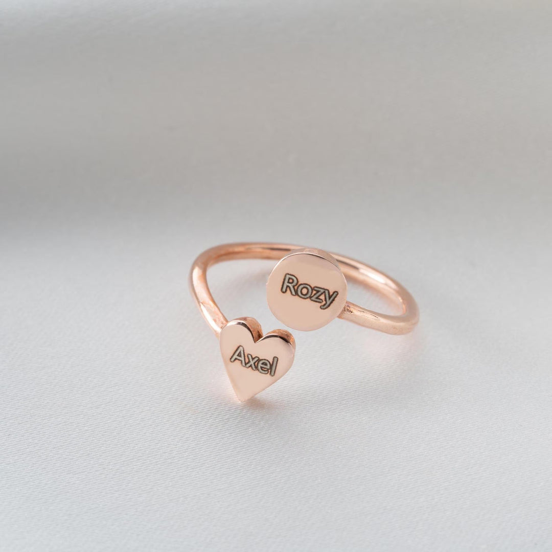 Double Name Open Heart Ring in 14K Gold for Gift