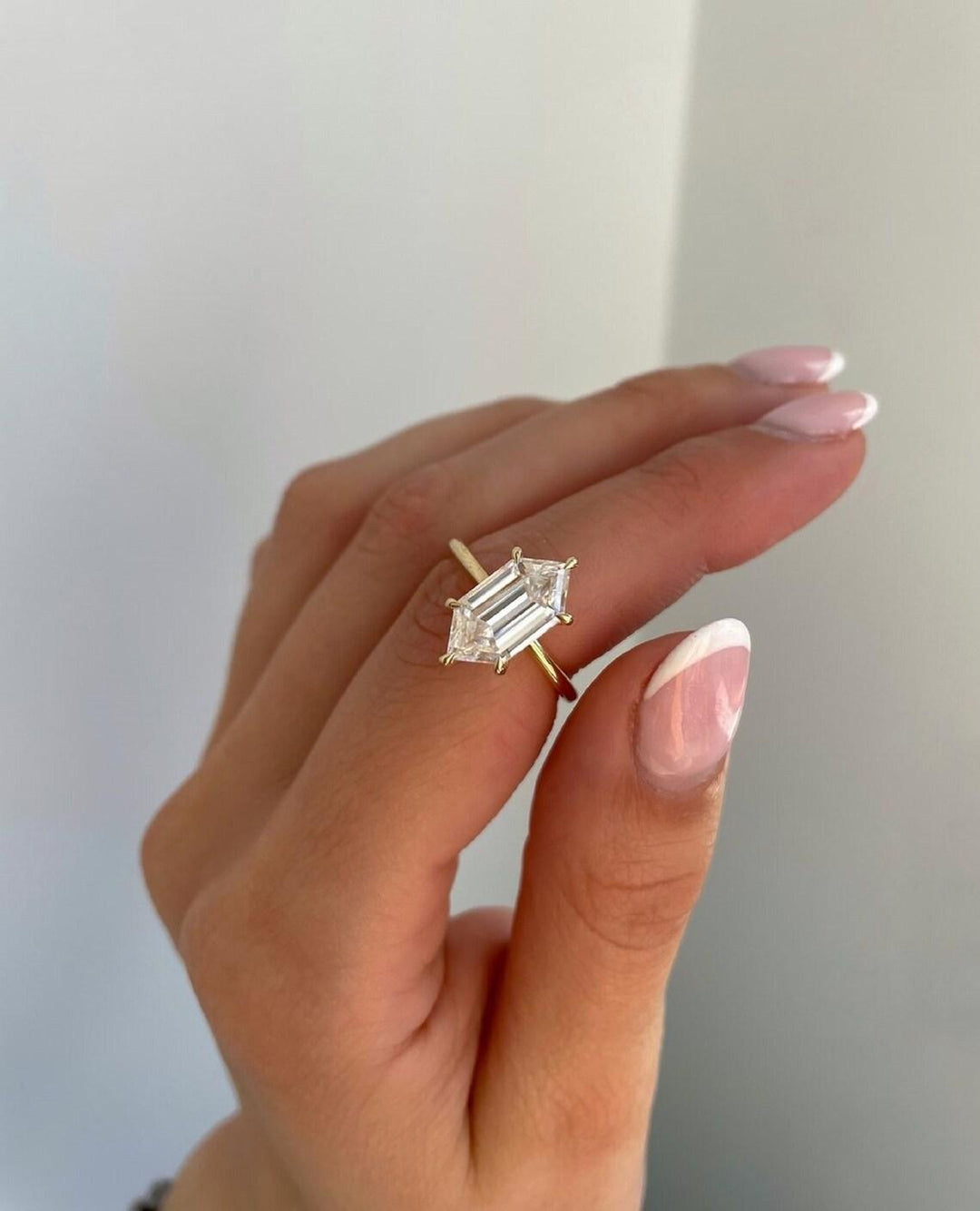 Elongated Hexagon Cut Moissanite Hidden Halo Engagement Ring