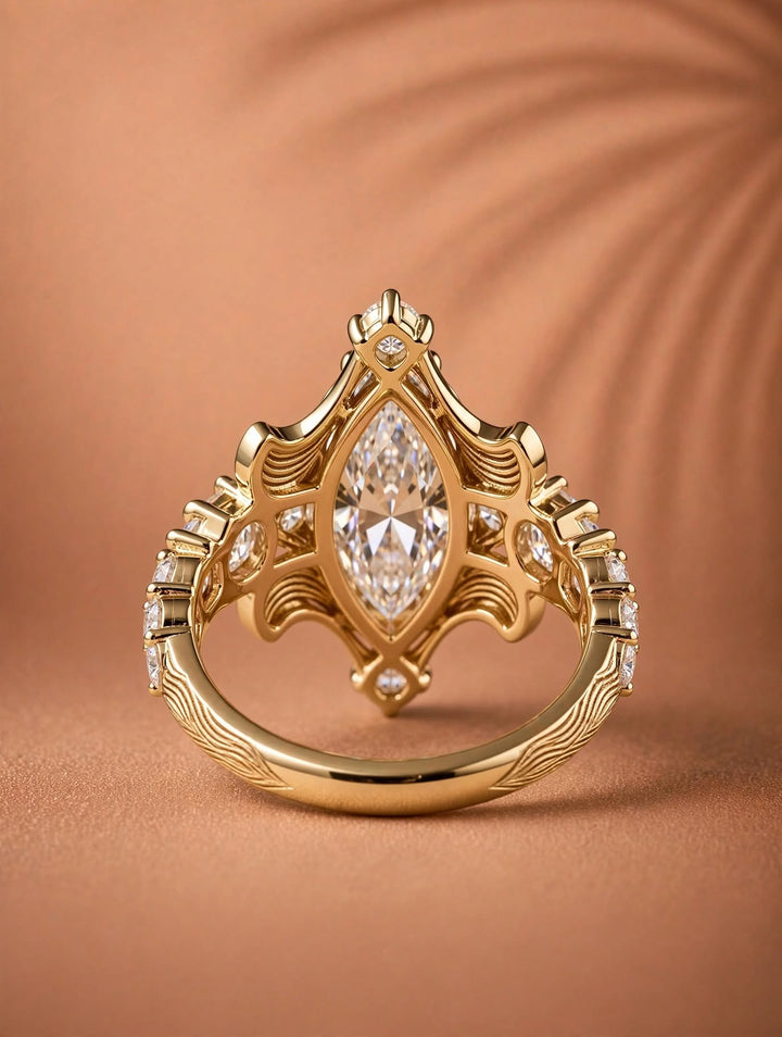 4.0CT Marquise Cut Lab Grown Diamond Antique Vintage Sculpted Filigree Multi Stone Engagement Ring