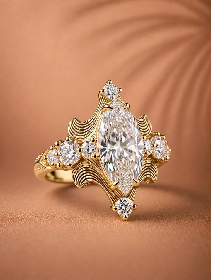 4.0CT Marquise Cut Lab Grown Diamond Antique Vintage Sculpted Filigree Multi Stone Engagement Ring