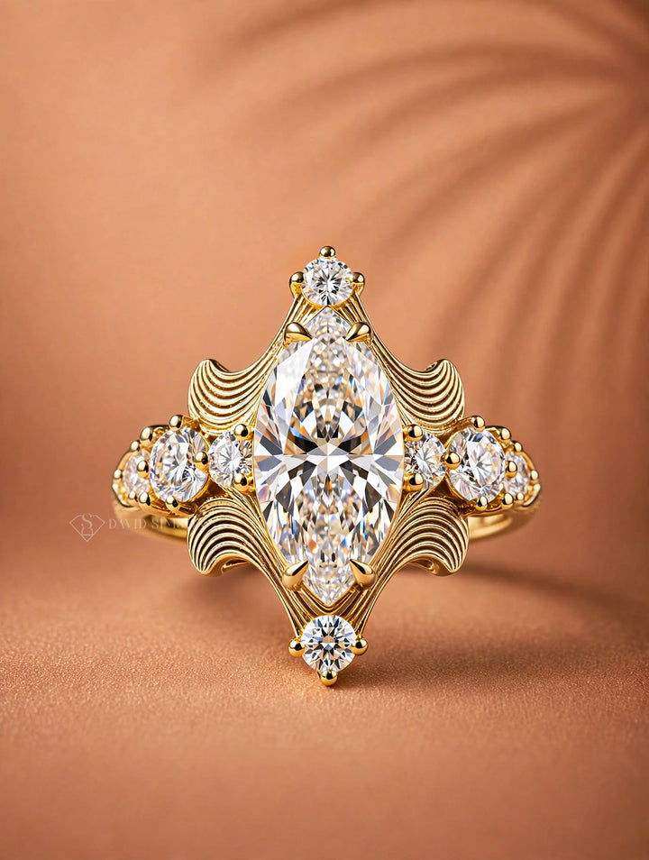 4.0CT Marquise Cut Lab Grown Diamond Antique Vintage Sculpted Filigree Multi Stone Engagement Ring