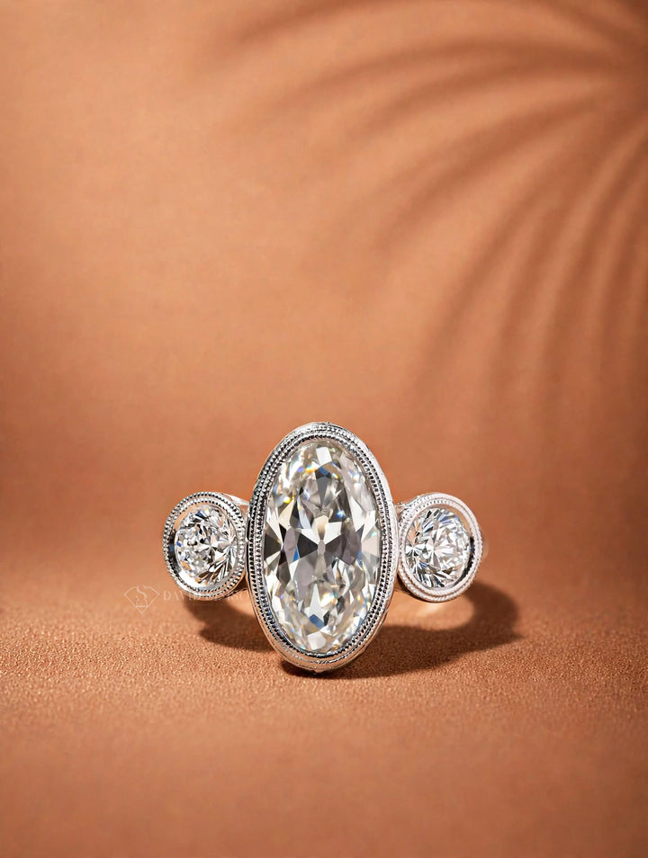 2.0CT to 3.0CT Oval Cut Lab Grown Diamond Vintage Milgrain Bezel Set Three Stone Engagement Ring