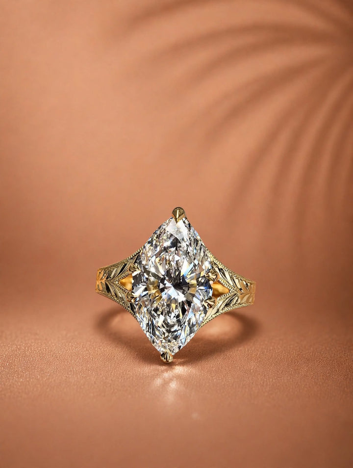3.0CT Marquise Cut Lab Grown Diamond Antique Engraved Split Shank Engagement Ring