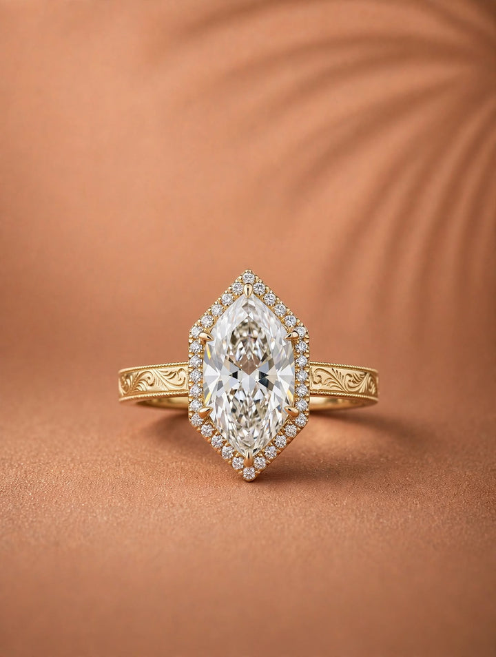 2.0CT to 3.0CT Dutch Marquise Cut Lab Grown Diamond Vintage Milgrain Halo Engraved Engagement Ring