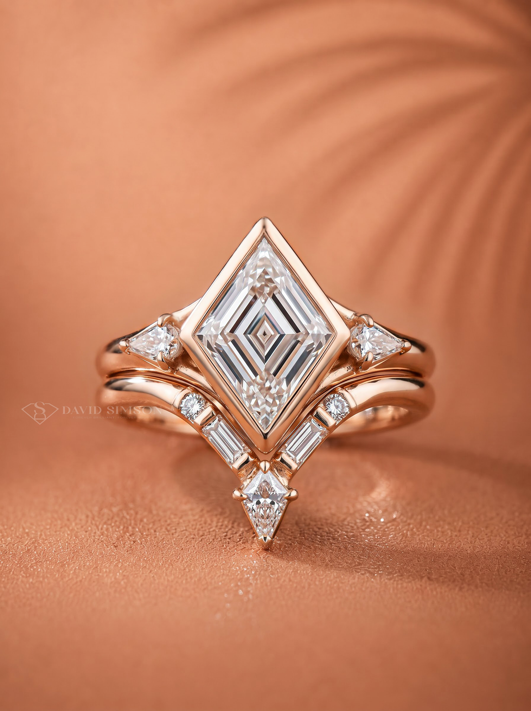2.50CT Lozenge Cut Lab Grown Diamond Bezel Set Three Stone Bridal Ring Set with Chevron Wedding Band