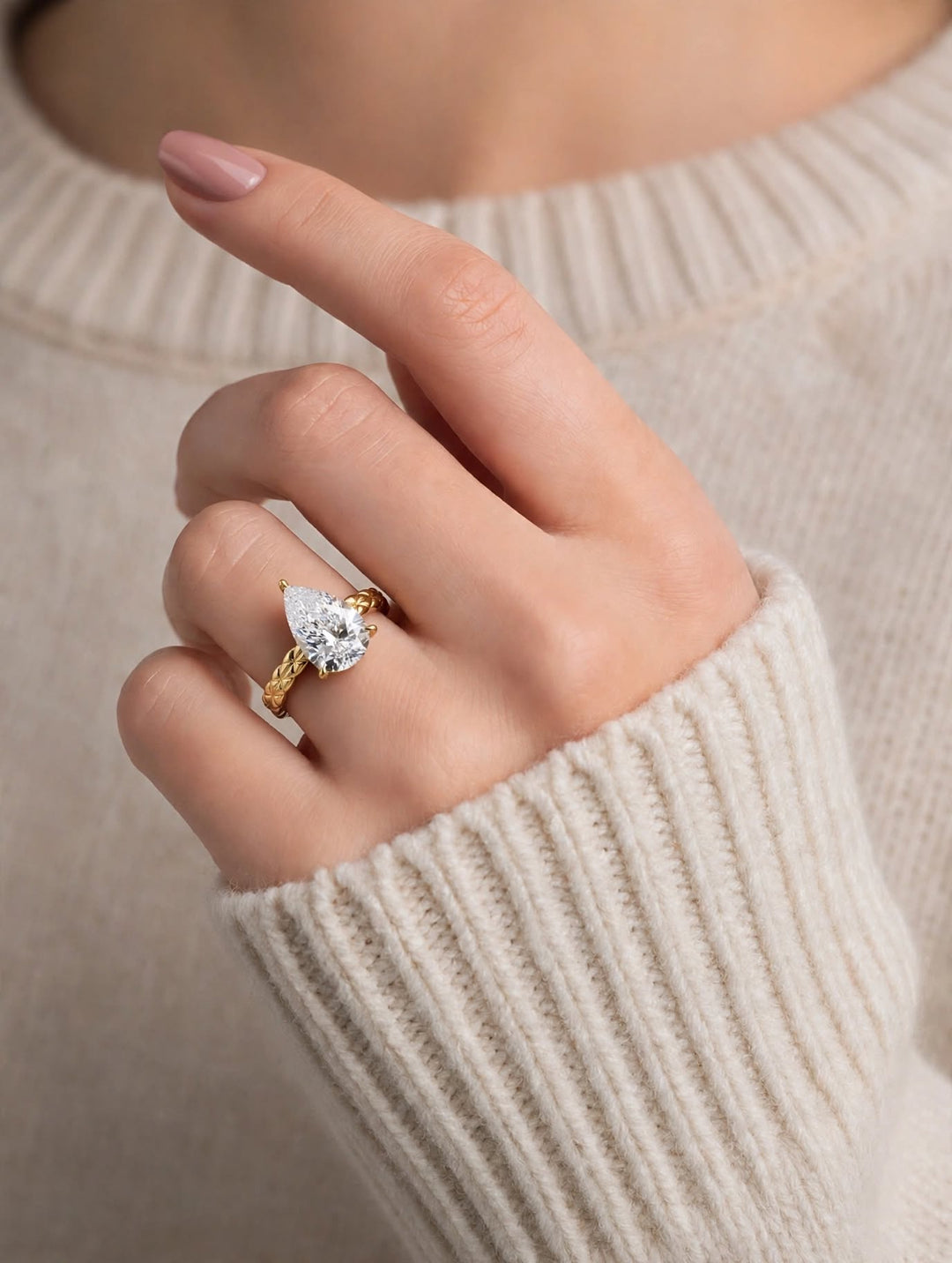 2.0CT Pear Cut Lab Grown Diamond Vintage Woven Band Engagement Ring