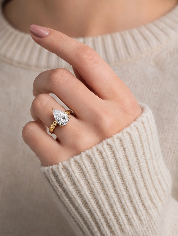 2.0CT Pear Cut Lab Grown Diamond Vintage Woven Band Engagement Ring