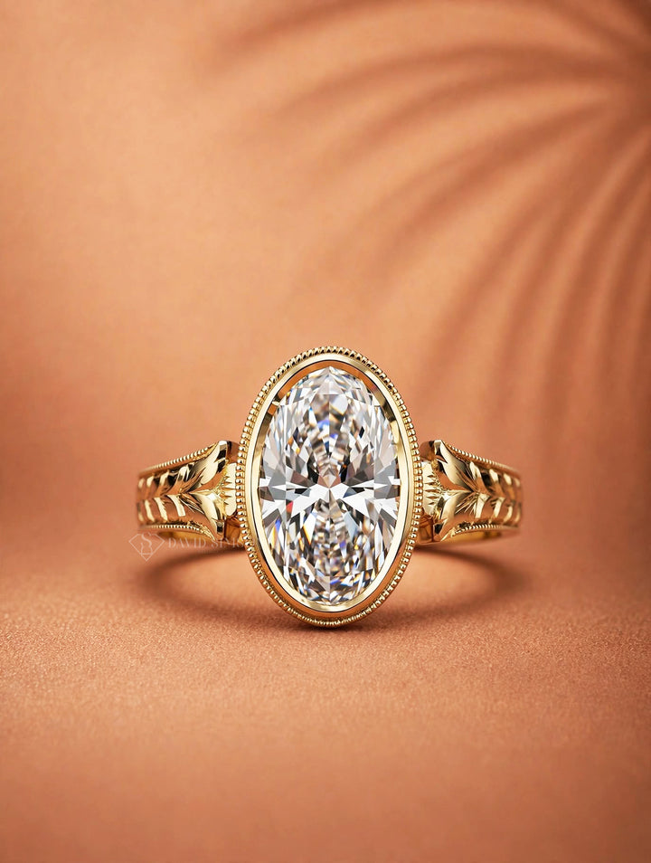 2.0CT to 3.0CT Oval Cut Lab Grown Diamond Vintage Bezel Set Milgrain Leaf Engraved Engagement Ring