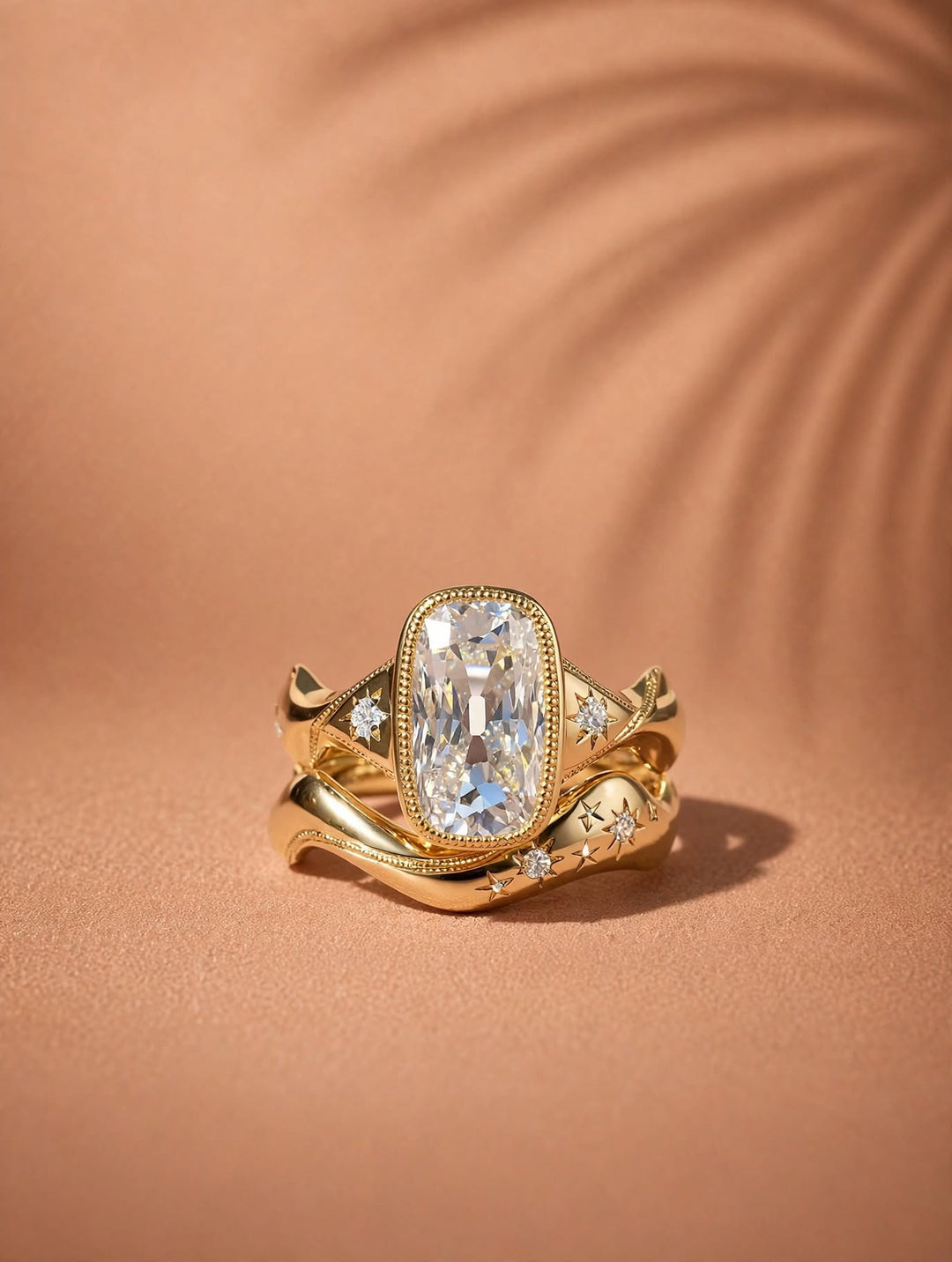 3.0CT Elongated Cushion Old Mine Cut Lab Grown Diamond Vintage Bezel Flush Curved Bridal Ring Set