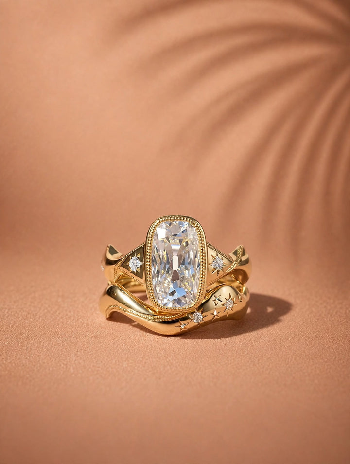 3.0CT Elongated Cushion Old Mine Cut Lab Grown Diamond Vintage Bezel Flush Curved Bridal Ring Set