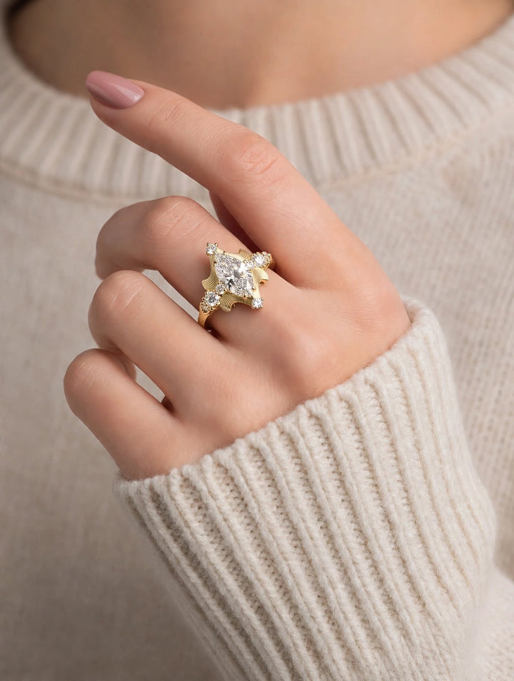 4.0CT Marquise Cut Lab Grown Diamond Antique Vintage Sculpted Filigree Multi Stone Engagement Ring