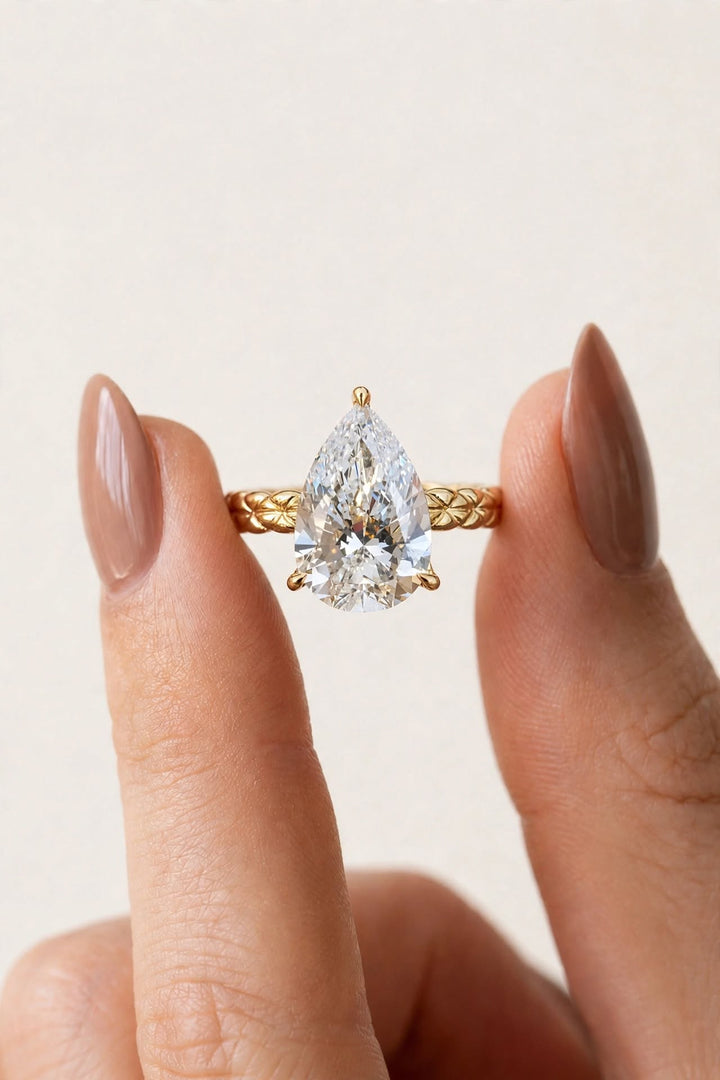 2.0CT Pear Cut Lab Grown Diamond Vintage Woven Band Engagement Ring