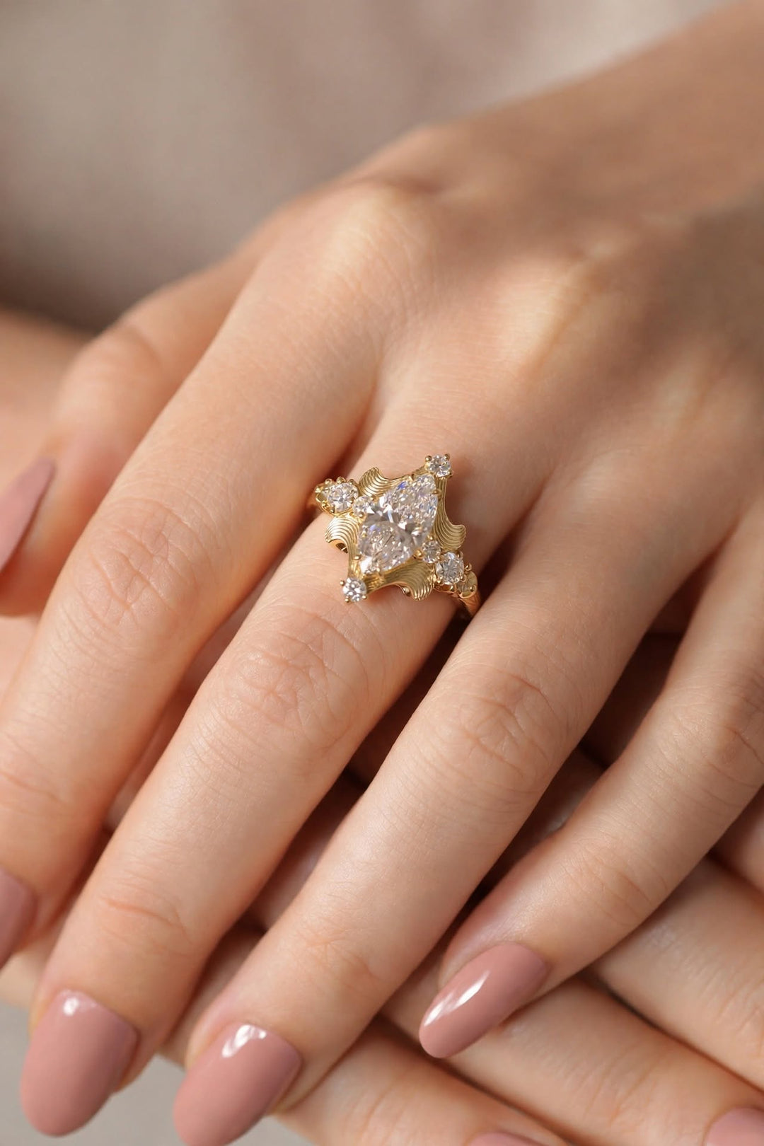 4.0CT Marquise Cut Lab Grown Diamond Antique Vintage Sculpted Filigree Multi Stone Engagement Ring