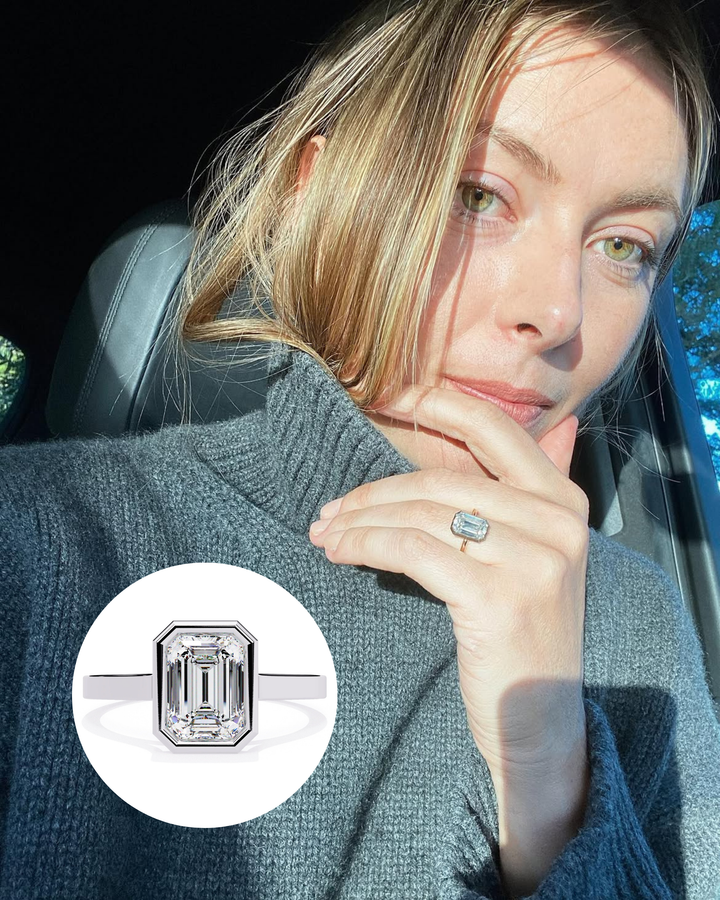 Maria Sharapova Inspired Emerald Cut Bezel Diamond Engagement Ring