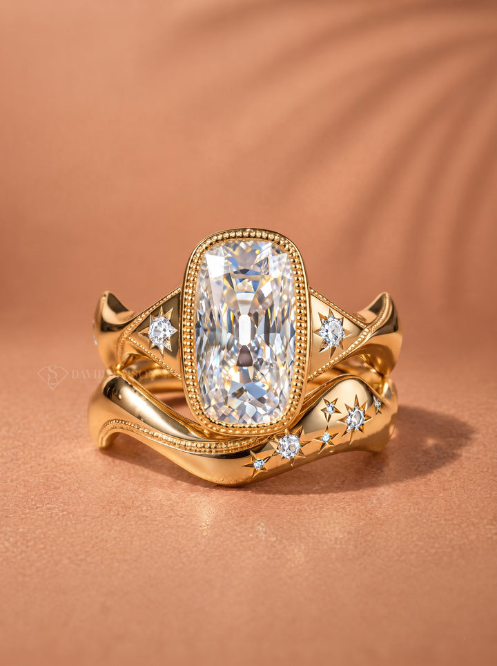3.0CT Elongated Oldmine Cushion Lab Grown Diamond Vintage Bezel Flush Curved Bridal Ring Set