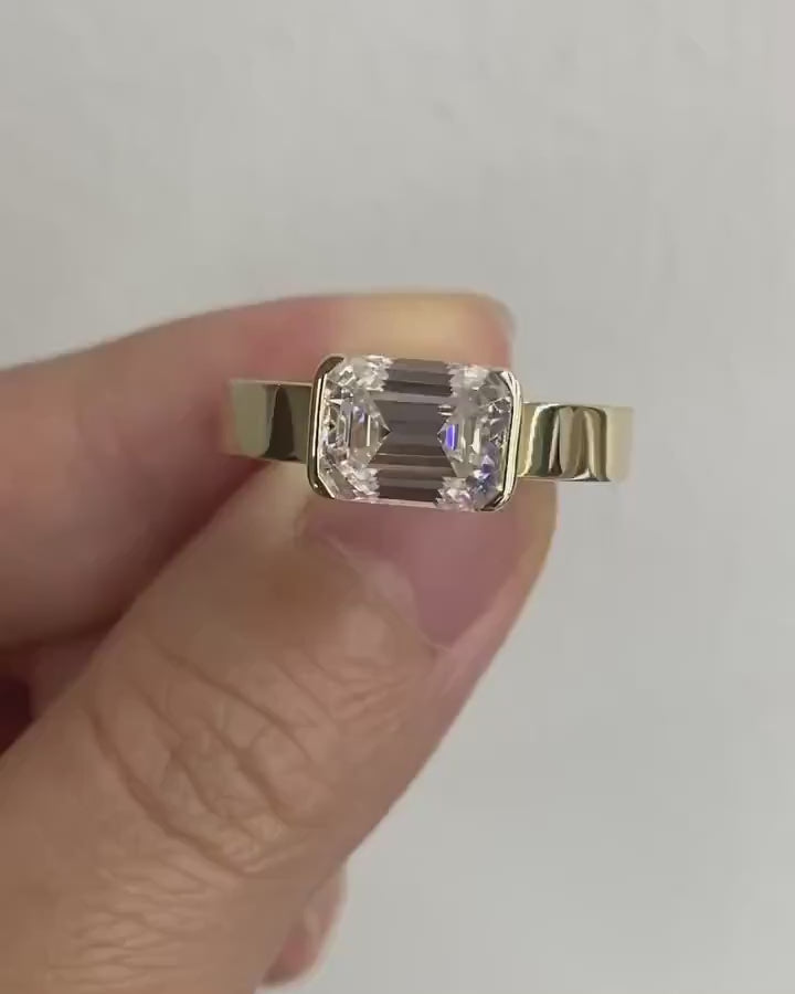 2.0CT East West Emerald Cut Moissanite Thick Band Engagement Ring