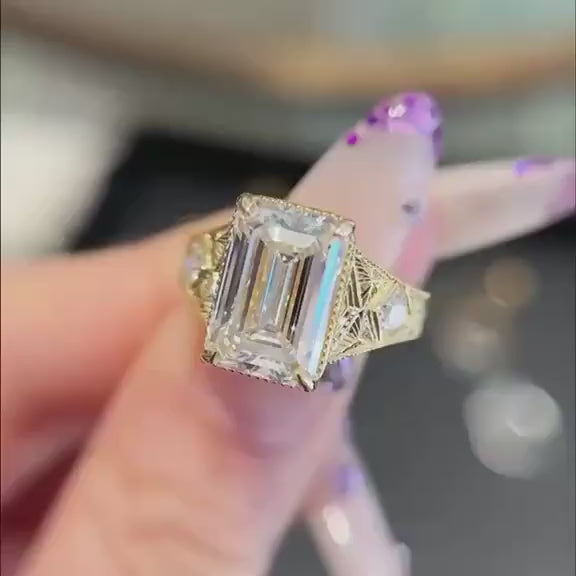 2.0CT to 3.0CT Emerald Cut Lab Grown Diamond Vintage Art Deco Engraved Engagement Ring