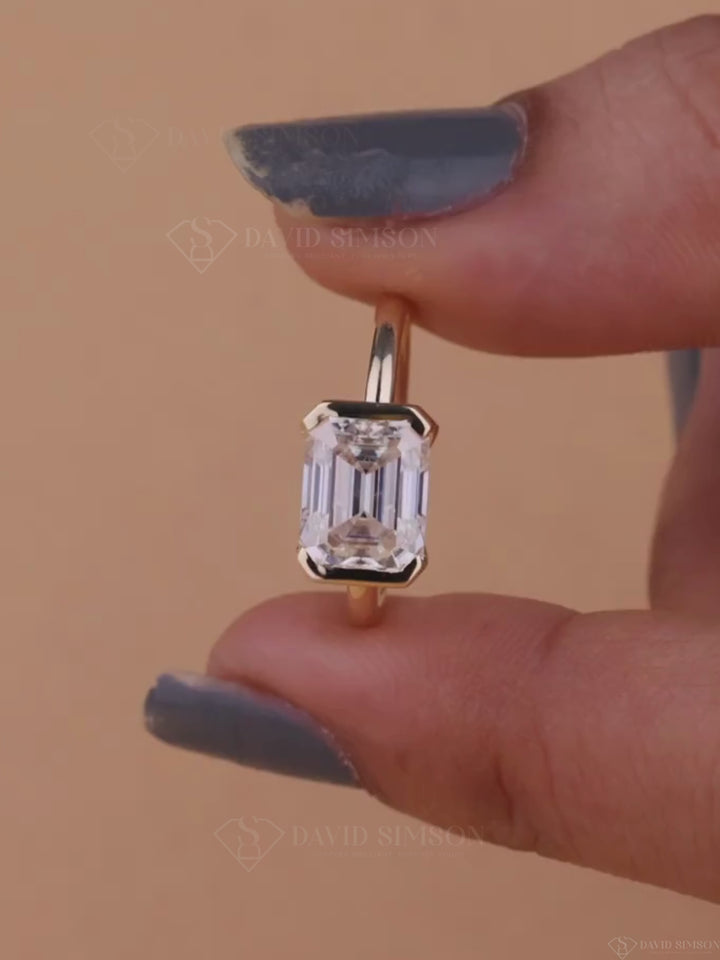 2.0CT-3.0CT East West Emerald Cut Moissanite Diamond Half Bezel Engagement Ring