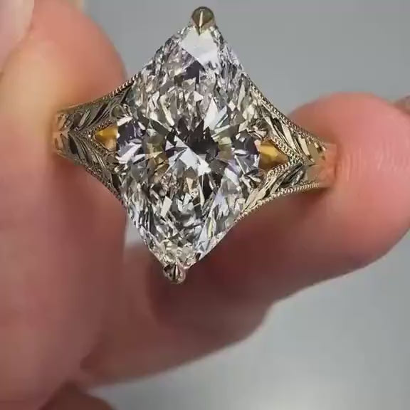 3.0CT Marquise Cut Lab Grown Diamond Antique Engraved Split Shank Engagement Ring