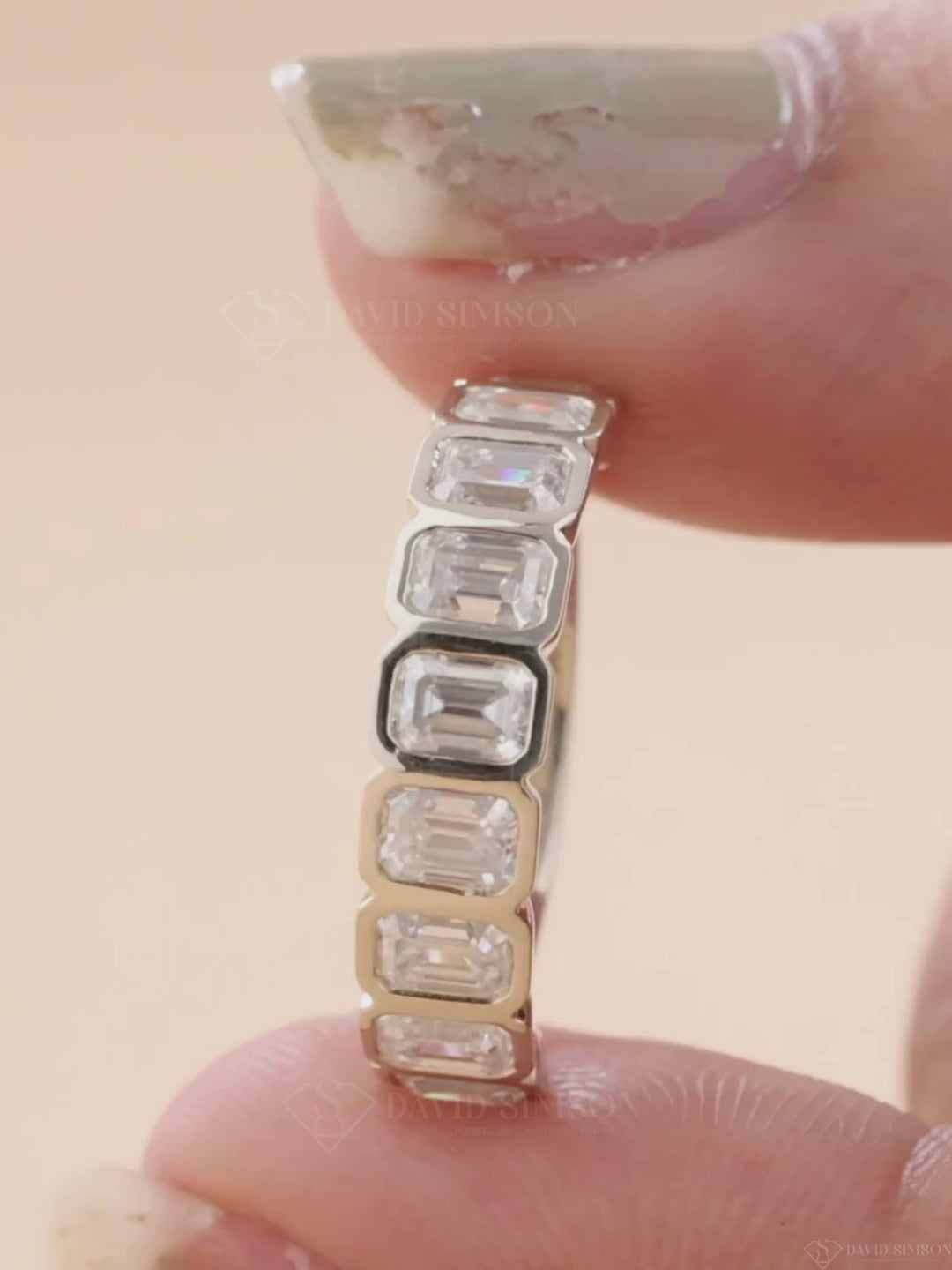 Emerald Cut Moissanite Bezel Set Diamond Wedding Band