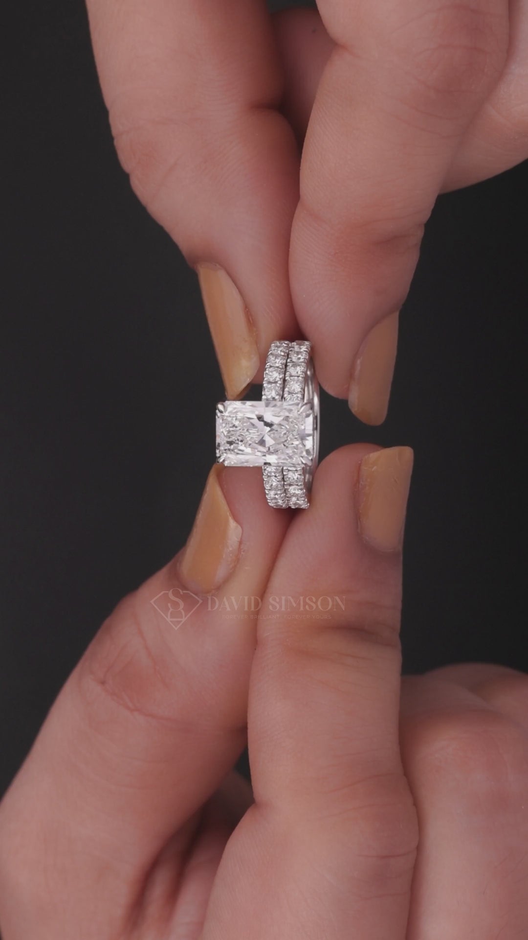 4.0ct Radiant Cut Moissanite Hidden Halo Engagement Ring With Eternity Wedding Band