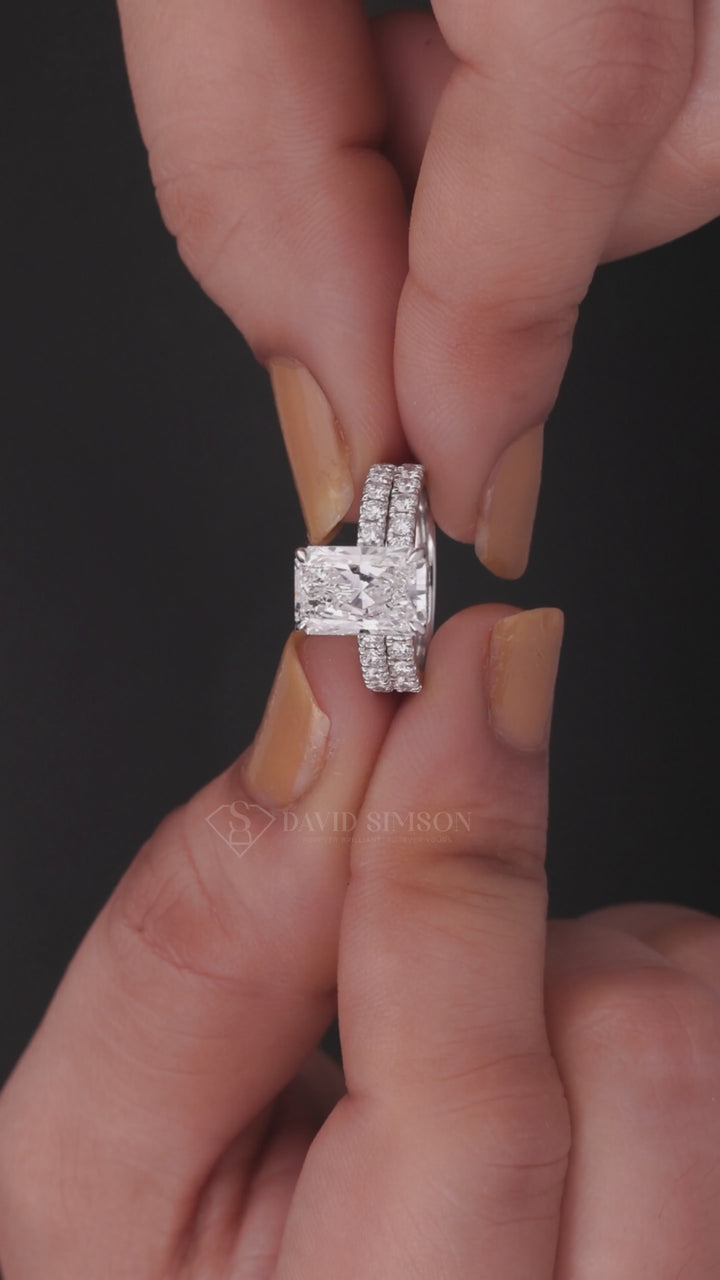 4.0ct Radiant Cut Moissanite Hidden Halo Engagement Ring With Eternity Wedding Band
