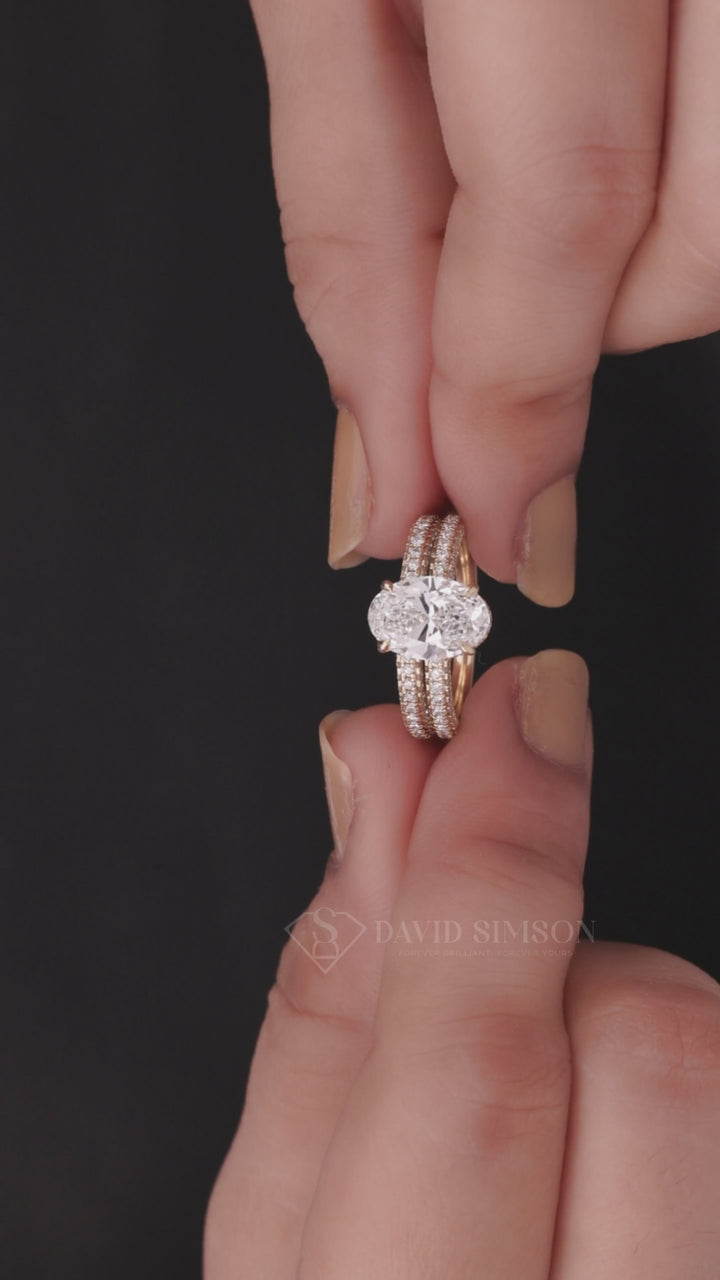 3.50CT Oval Diamond Three Side Pave Engagement Ring with Eternity Band