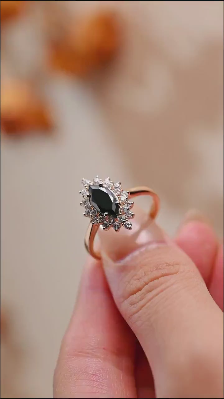 1.0CT-2.0CT Black Marquise Cut Moissanite Diamond Floral Halo Engagement Ring