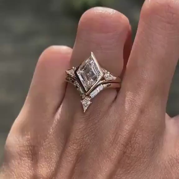 2.50CT Lozenge Cut Lab Grown Diamond Bezel Set Three Stone Bridal Ring Set with Chevron Wedding Band