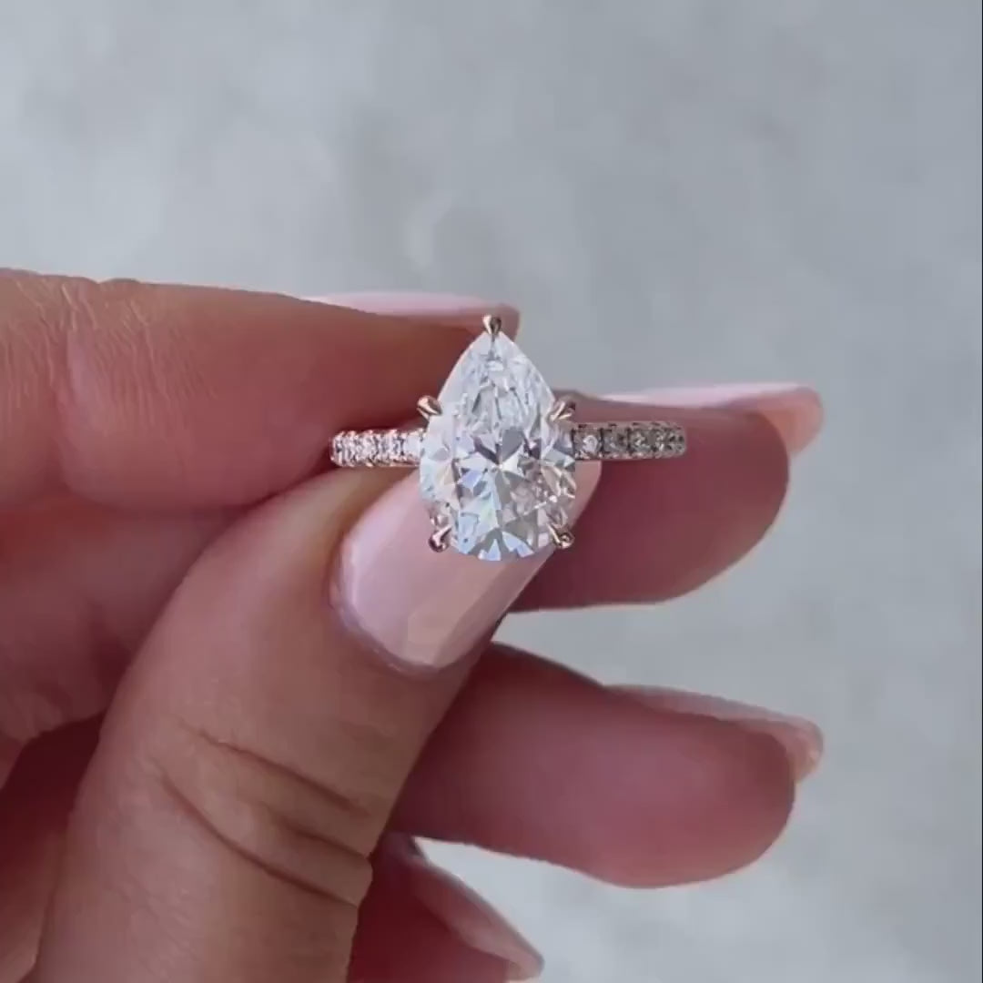 2.0CT-4.0CT Pear Cut Moissanite Hidden Halo Moissanite Engagement Ring