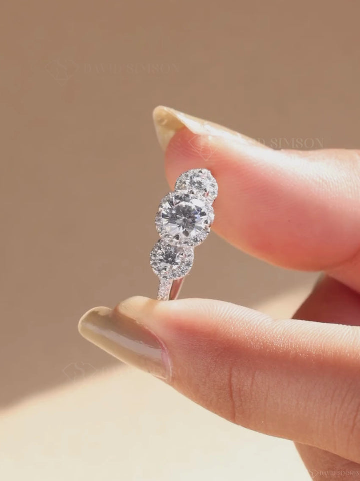 1.0CT-2.0CT Round Cut Moissanite Halo Diamond Three Stone Engagement Ring