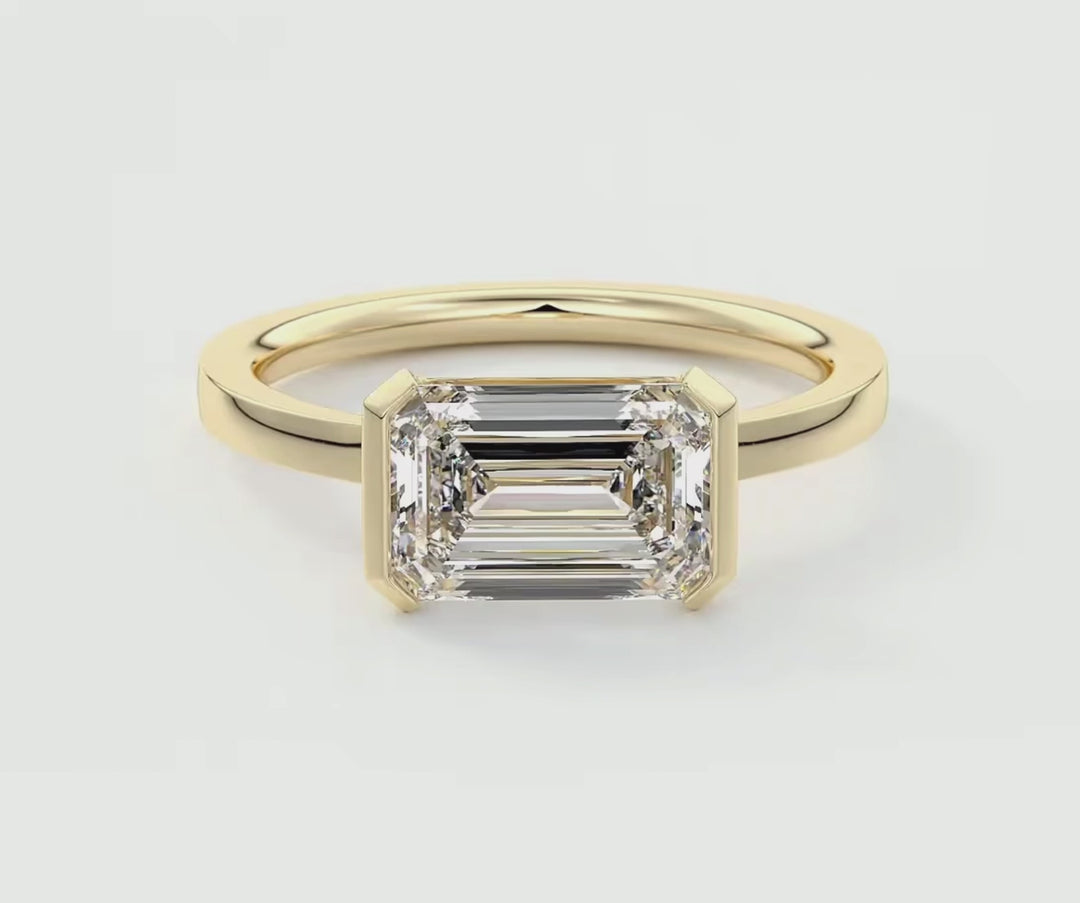 2CT East West Emerald Half Bezel Solitaire Moissanite Engagement Ring