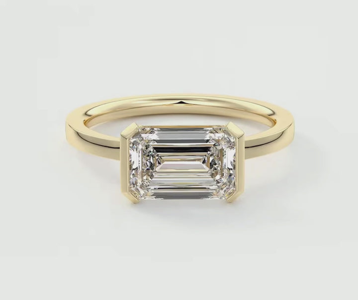 2CT East West Emerald Half Bezel Solitaire Moissanite Engagement Ring