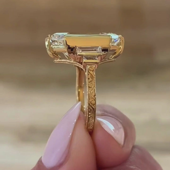 3.0CT to 5.0CT Dutch Marquise Cut Lab Grown Diamond Five Stone Art Deco Vintage Engraved Engagement Ring