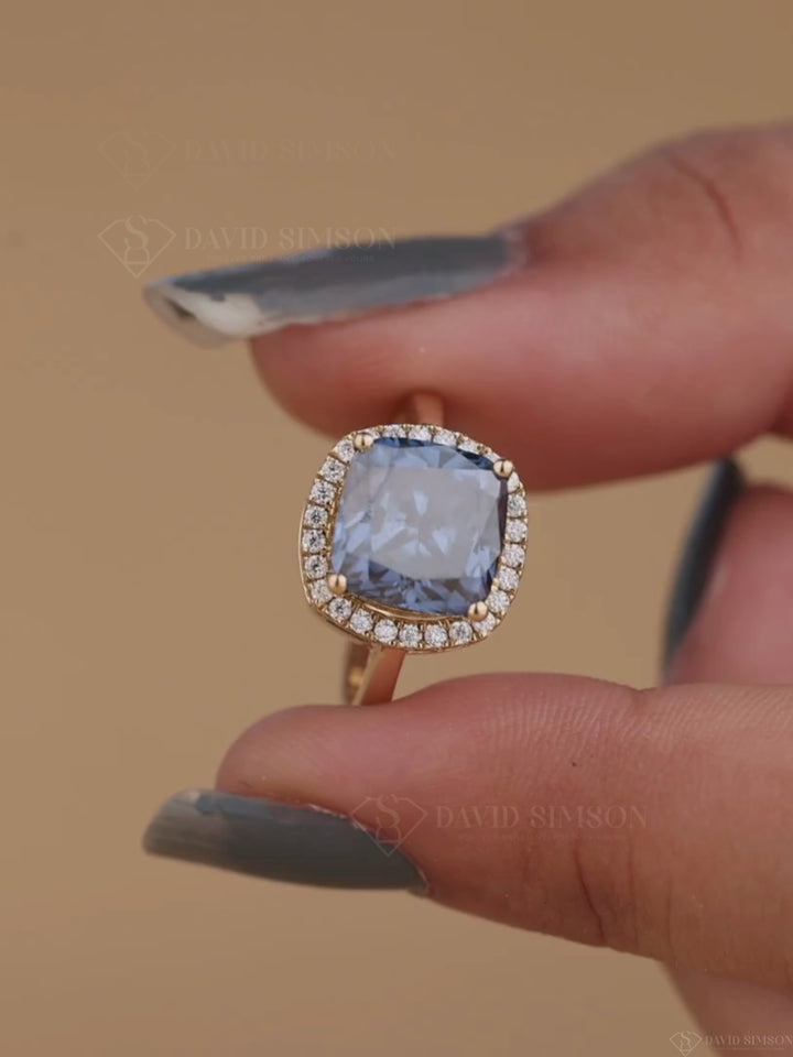 2.0CT-3.0CT Blue Cushion Cut Moissanite Diamond Halo Engagement Ring