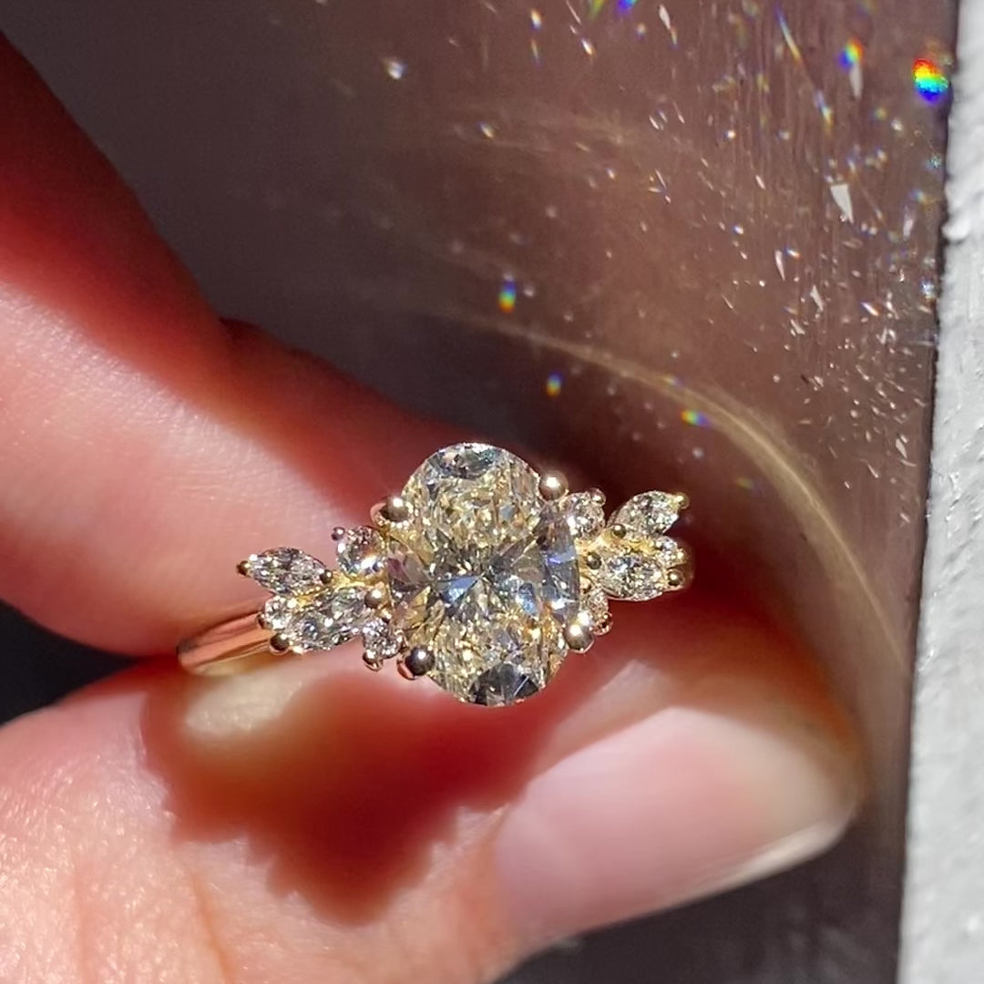 1.93CT Oval Cut Moissanite Cluster Engagement Ring in 14K Yellow Gold