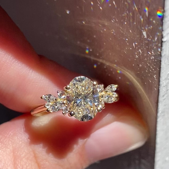1.93CT Oval Cut Moissanite Cluster Engagement Ring in 14K Yellow Gold