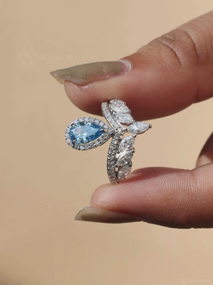 1.0CT-2.0CT Blue Pear Cut Diamond Chevron Engagement Ring