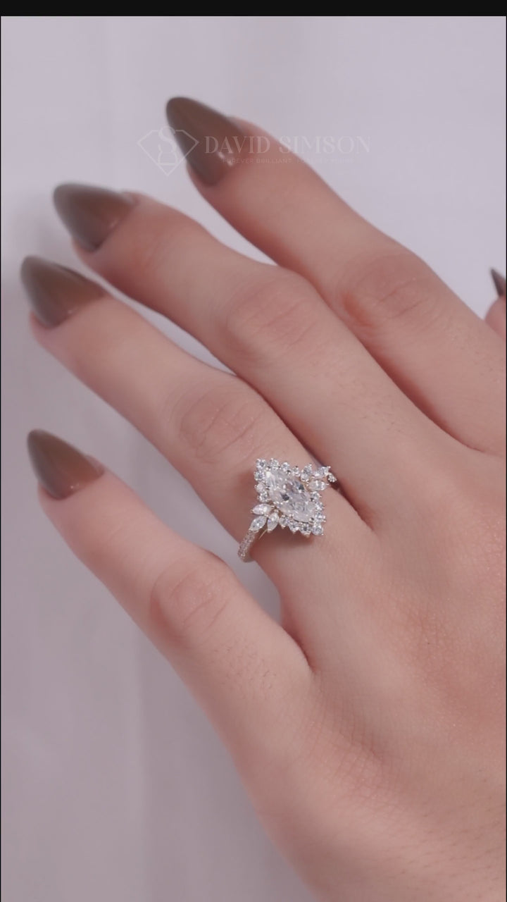 2.0ct Marquise Cluster Halo Diamond Moissanite Engagement Ring