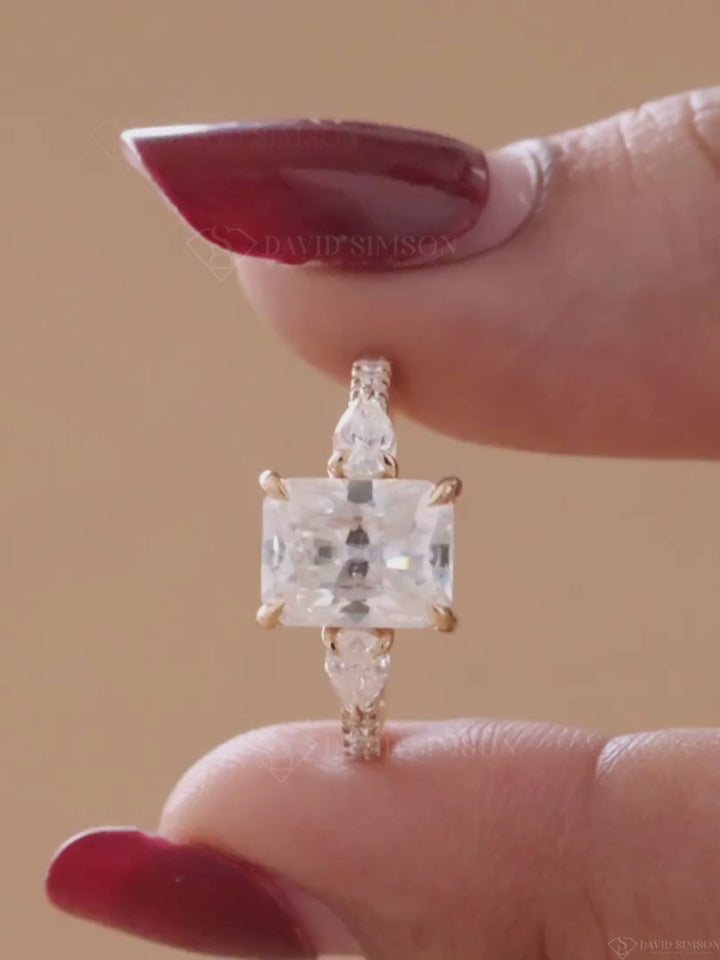 2.0CT-3.0CT Radiant Cut Moissanite Three Stone Diamond Pave Engagement Ring