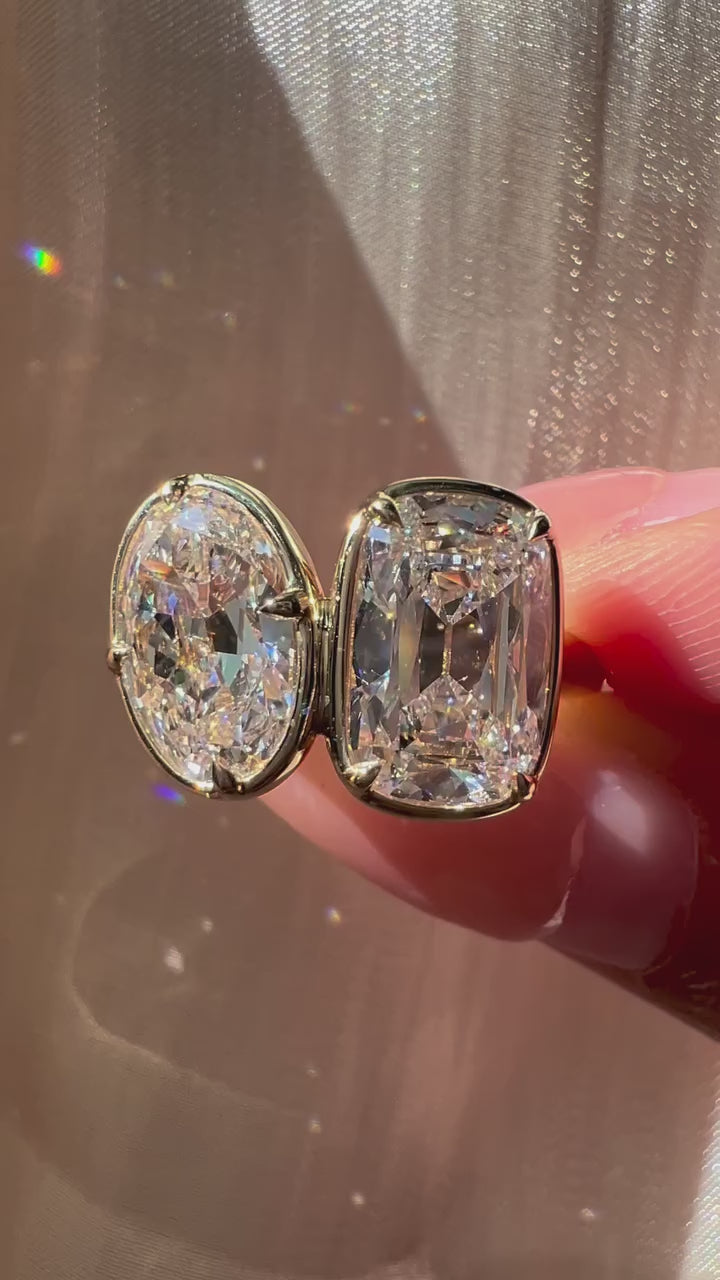 Old Mine Oval &amp; Cushion Cut Moissanite Diamond Toi et Moi Bezel Engagement Ring