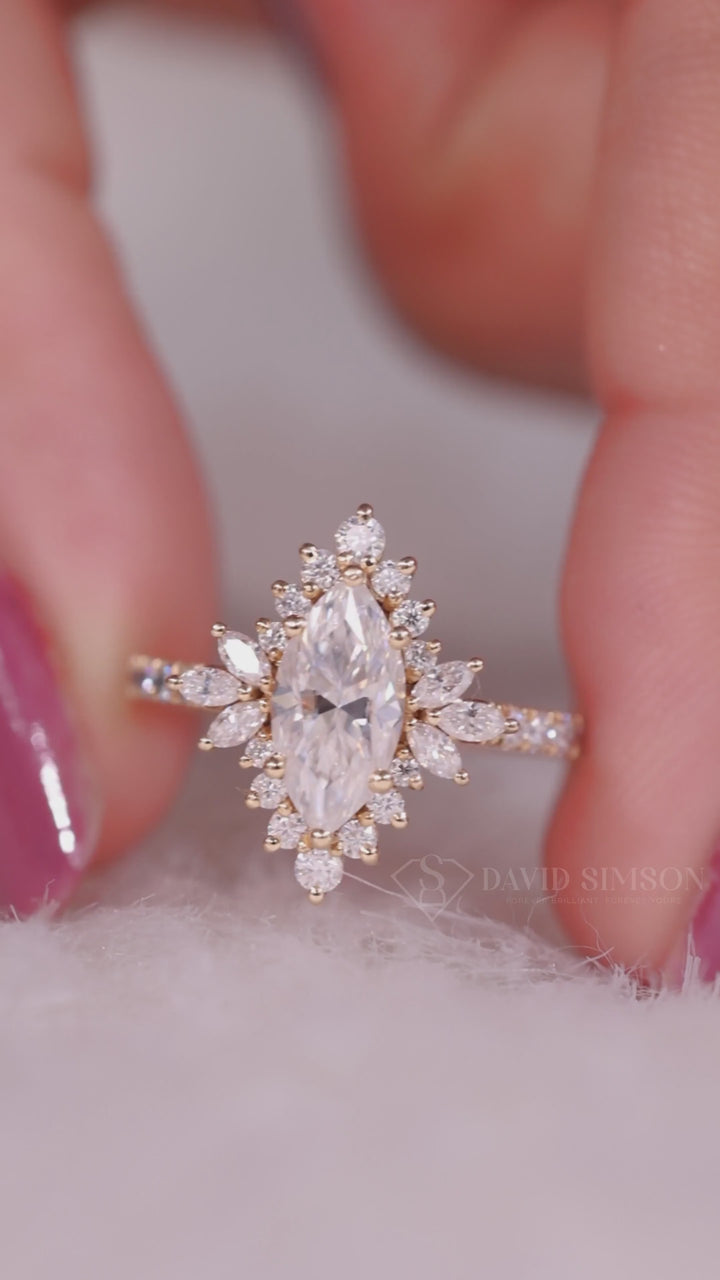 1.0CT-2.0CT Marquise Cut Moissanite Diamond Halo Cluster Engagement Ring