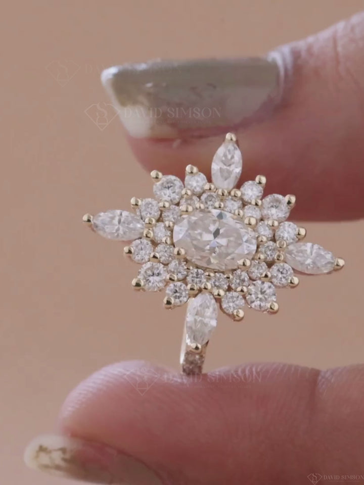 0.50CT-1.50CT Oval Cut Moissanite Diamond Halo Cluster Engagement Ring