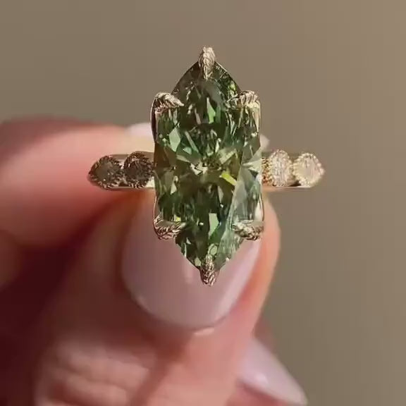 2.0CT to 3.0CT Marquise Cut Green Lab Grown Diamond Vintage-Inspired Milgrain Halo Engagement Ring