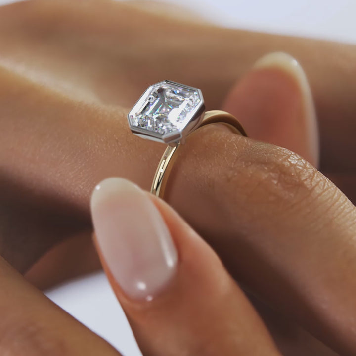 2.0CT Asscher Cut Solitaire Bezel Set Moissanite Two Tone Engagement Ring