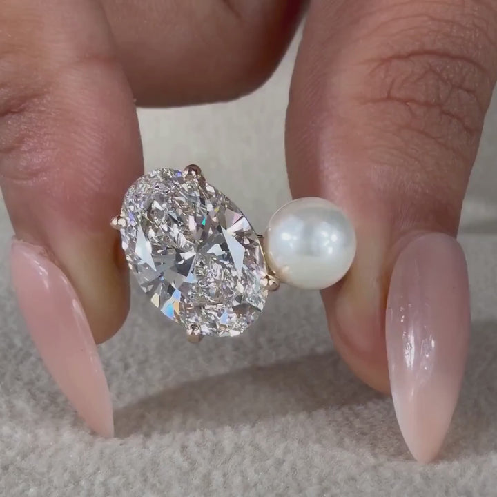 5.0CT Oval Cut Diamond &amp; Pearl Ariana Grande Engagement Ring