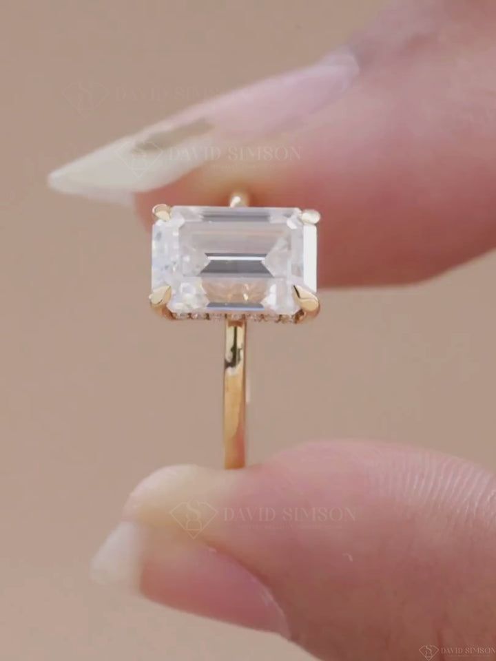 3.0CT-4.0CT Emerald Cut Moissanite Hidden Halo & Solitaire Diamond Engagement Ring