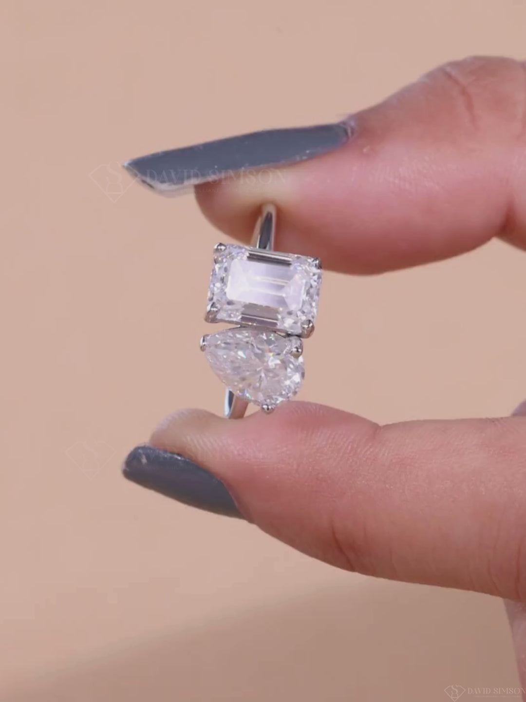 1.50CT Emerald & 1.0CT Pear Cut Moissanite Two Stone Diamond Engagement Ring