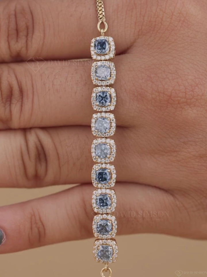 Blue Cushion Cut Moissanite Diamond Halo Bracelet for Women