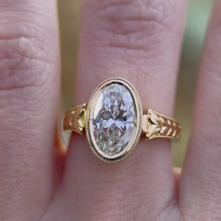 2.0CT to 3.0CT Oval Cut Lab Grown Diamond Vintage Bezel Set Milgrain Leaf Engraved Engagement Ring